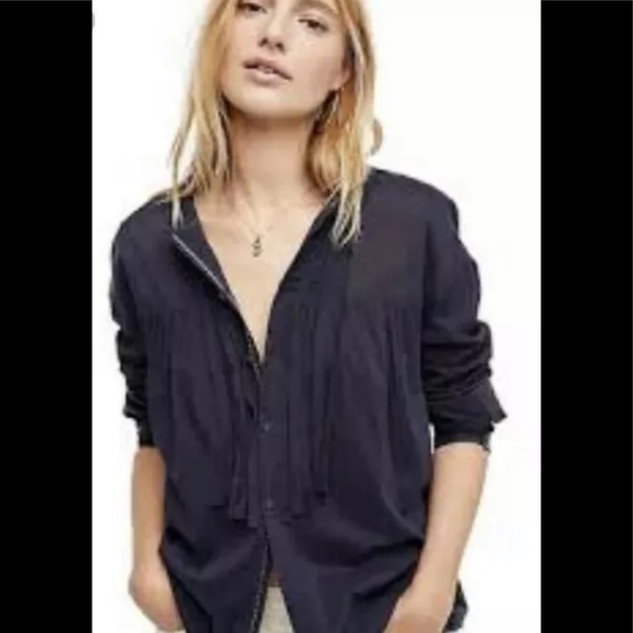 Free people hooded cotton shirt top blouse relaxed fit navy S - Picture 3 of 12